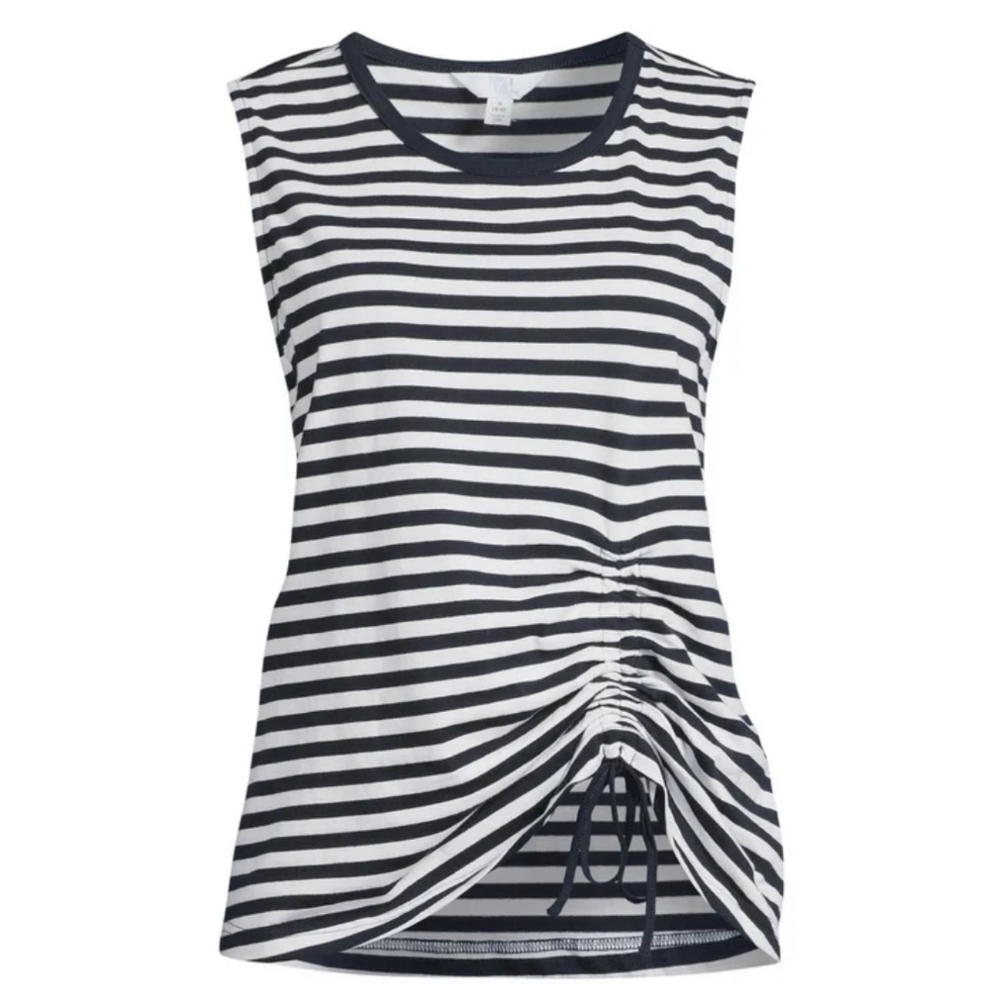 Front Cinch Stripe Tank Navy Blue & White Top‎